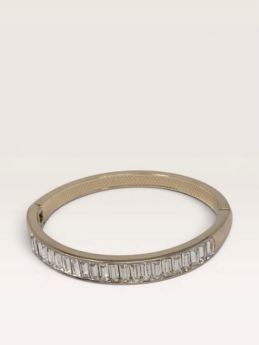 WHBM Gold Tone Rhinestone Baguette Hinged Bangle Bracelet